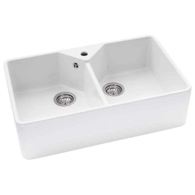 Abode Provincial 2 Bowl Ceramic Kitchen Sink - White - AW1021 4 Abode Provincial 2 Bowl Ceramic Kitchen Sink - White - AW1021 - Image 2
