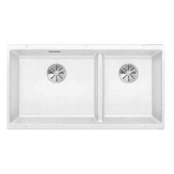 Blanco SUBLINE 480/320-U LH 2 Bowl Undermount Silgranit Kitchen Sink With Manual InFino Waste - White - 523588