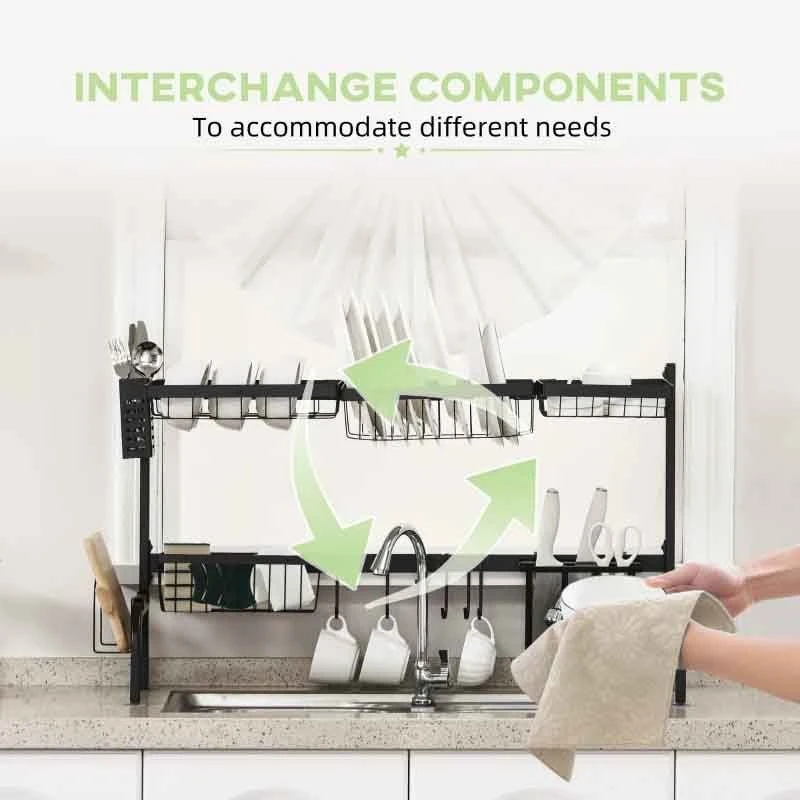 HOMCOM 2 Tier Adjustable Over The Sink Dish Drainer - Black - 801-286V00BK 7 HOMCOM 2 Tier Adjustable Over The Sink Dish Drainer - Black - 801-286V00BK - Image 5