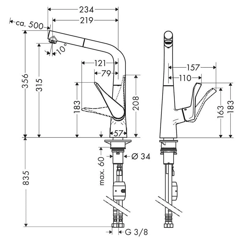 Hansgrohe Metris M71 EcoSmart Single Lever Kitchen Mixer Tap 320 With Pull-Out Spout Single Spray Mode - Chrome - 14781000 4 Hansgrohe Metris M71 EcoSmart Single Lever Kitchen Mixer Tap 320 With Pull-Out Spout Single Spray Mode - Chrome - 14781000 - Image 2