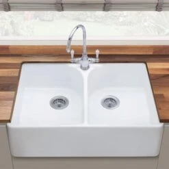 Thomas Denby Heritage 800 Ceramic Double Bowl Kitchen Sink - White - HER800