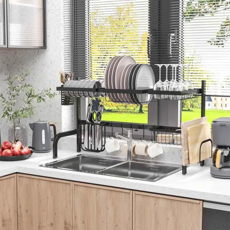 HOMCOM 2 Tier Adjustable Over The Sink Dish Drainer - Black - 801-286V00BK 3 HOMCOM 2 Tier Adjustable Over The Sink Dish Drainer - Black - 801-286V00BK