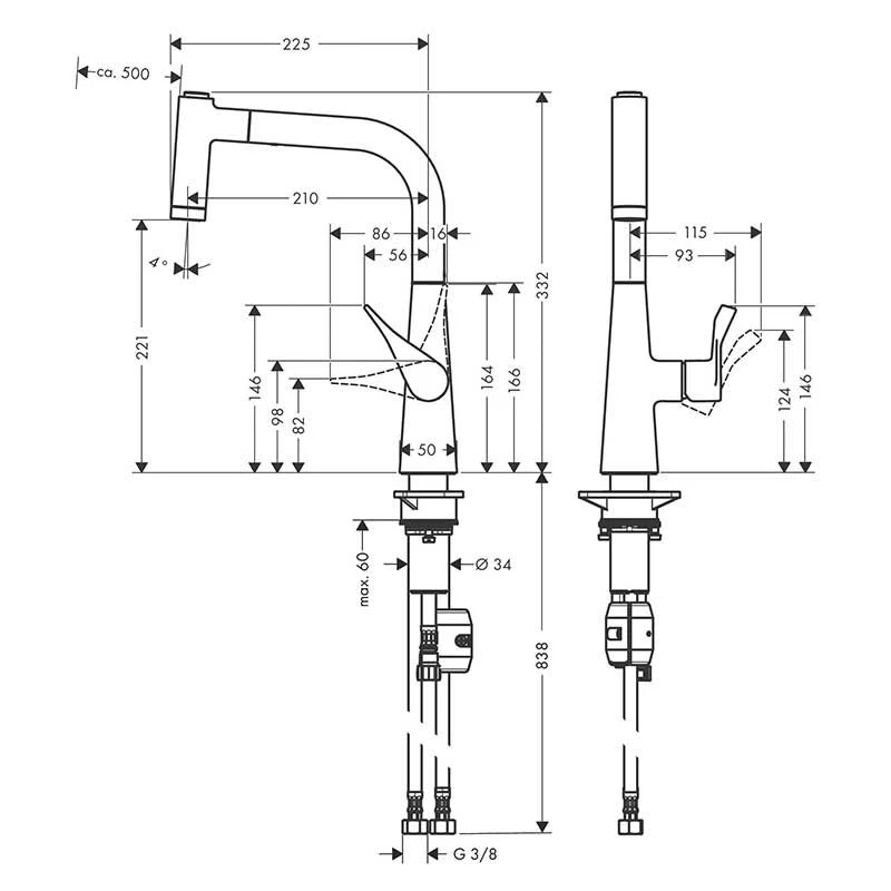 Hansgrohe Metris M71 Single Lever Kitchen Mixer Tap 220 With Pull Out Spray 2 Spray Modes - Chrome - 14834000 4 Hansgrohe Metris M71 Single Lever Kitchen Mixer Tap 220 With Pull Out Spray 2 Spray Modes - Chrome - 14834000 - Image 2
