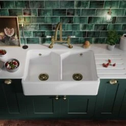 Best Kitchen Items 18 Thomas Denby Tudor Ceramic Double Bowl Belfast Kitchen Sink - White - TTU800